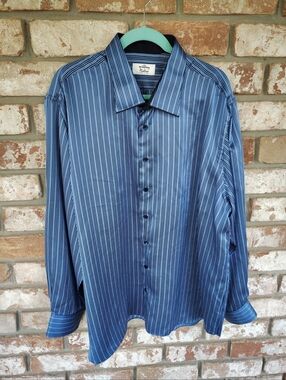 Gerlin For Platino Made In Italy Men's Blue Stripe 100% Silk Dress Shirt Sz 4XL
